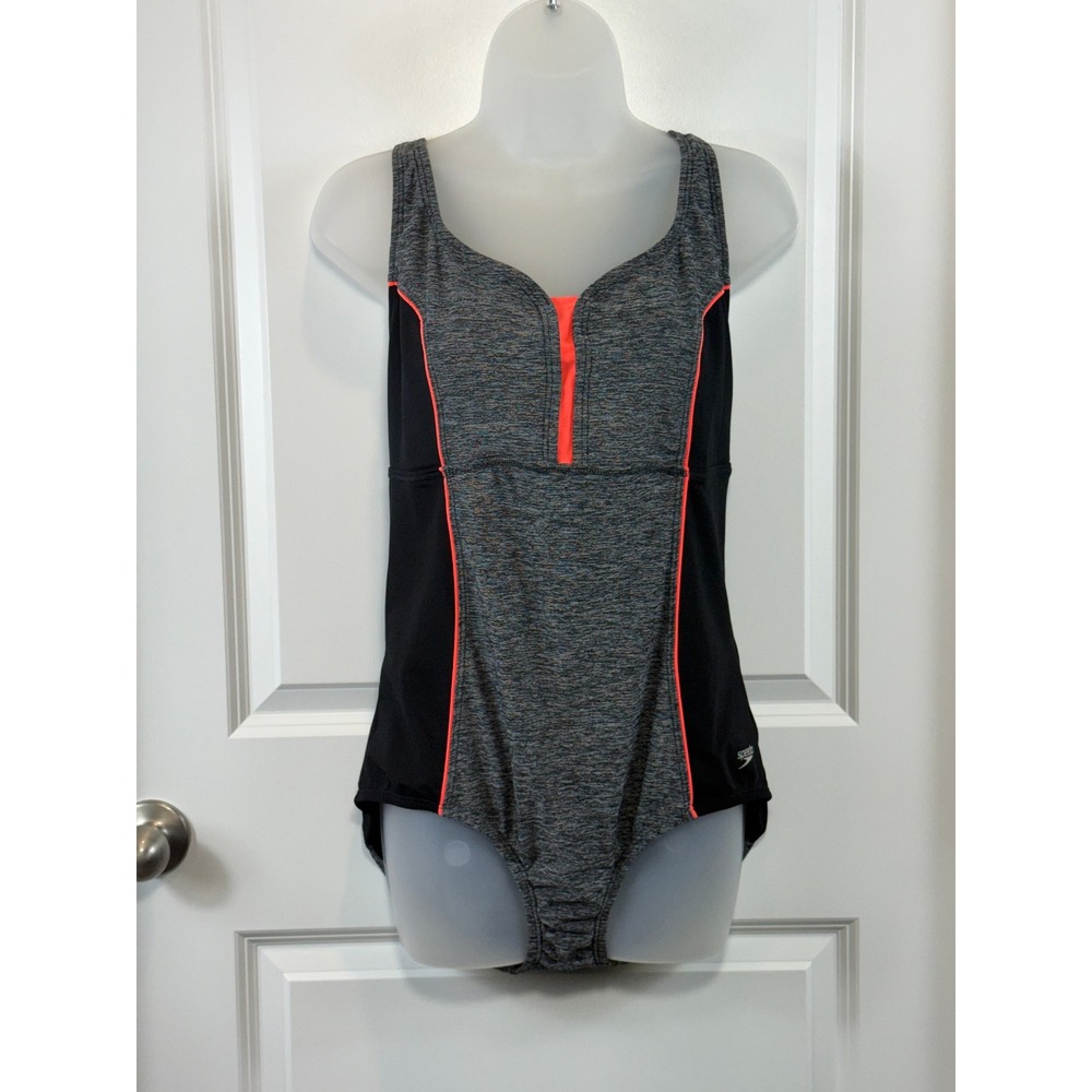 Speedo Womens 14 One Piece Swimsuit Black Grey Space Dye Neon Coral Athletic